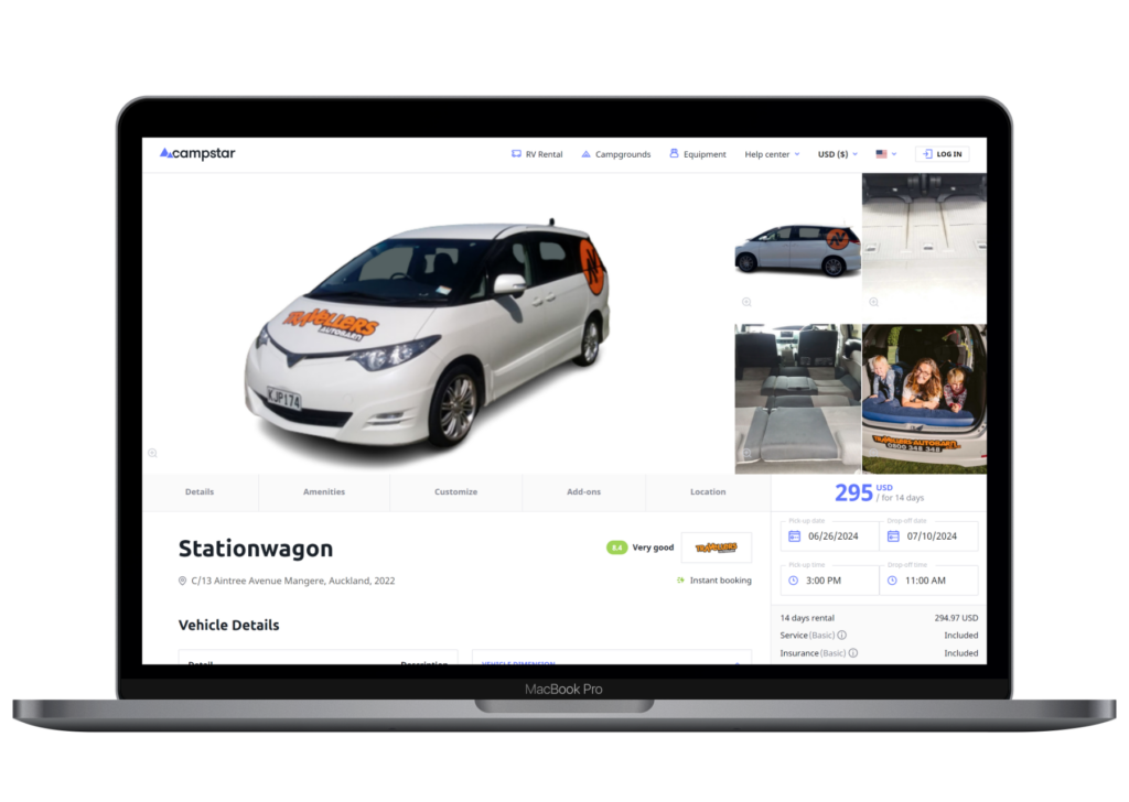 This is a webpage for booking a white stationwagon rental through Campstar.