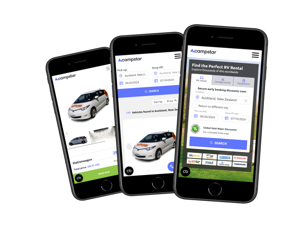 The Campstar mobile app displays search results for a station wagon rental in Auckland, New Zealand. The app also features a search bar to find RVs worldwide, filter options, and various booking details.