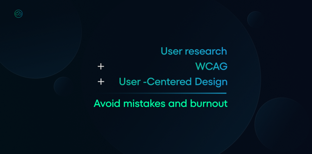 A dark slide showing an equation-like format with three elements: "User research", "WCAG", and "User-Centered Design" connected by plus signs. Below is the result: "Avoid mistakes and burnout".