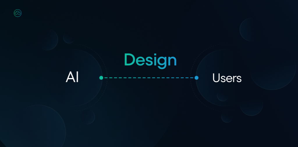 A dark slide showing a simple diagram where "AI" and "Users" are connected by a dotted line, with the word "Design" positioned above the line.