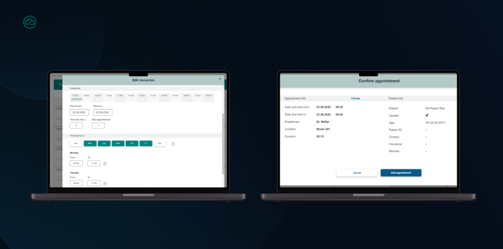 A split-screen view of a healthcare scheduling interface showing an "Edit resources" calendar panel and a "Confirm appointment" form with patient details.