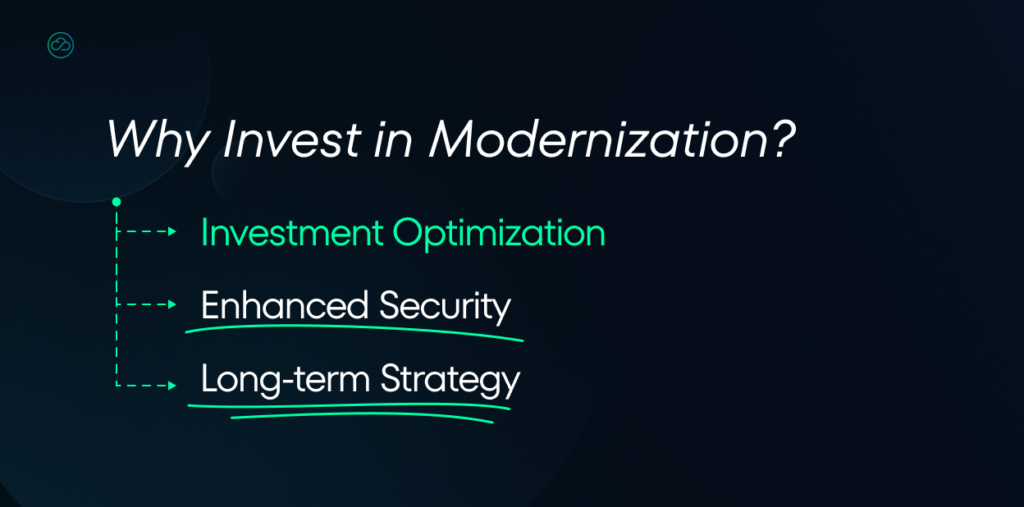 A presentation slide titled "Why Invest in Modernization?" listing three key points: Investment Optimization, Enhanced Security, and Long-term Strategy.