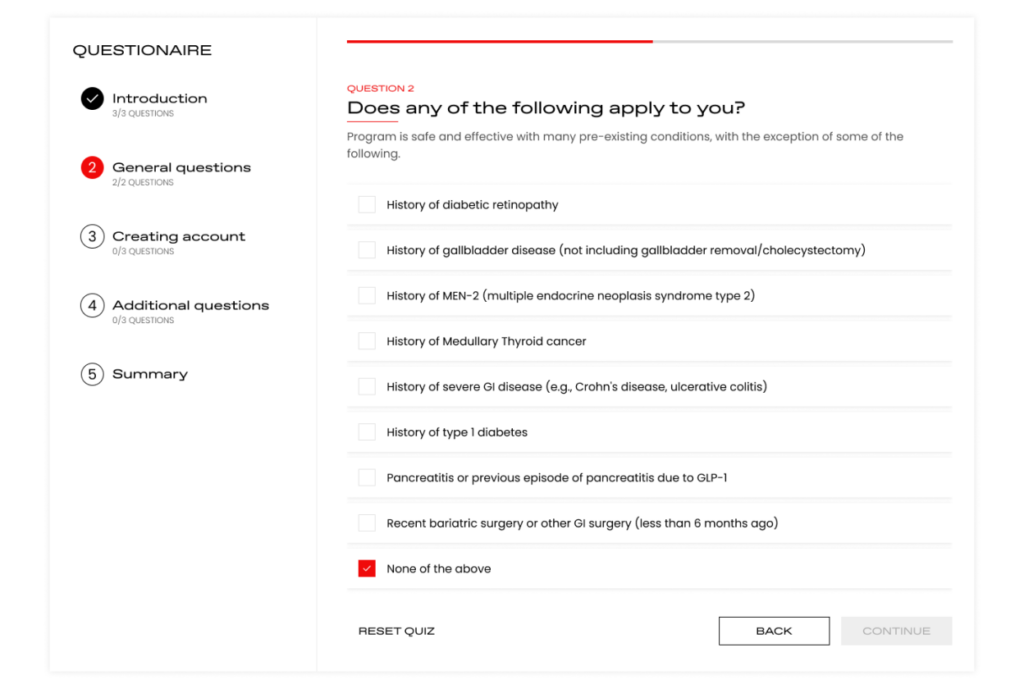 Medical questionnaire interface showing question 2 of a 5-step survey about pre-existing conditions. Features a list of medical conditions with checkboxes and navigation buttons for Back, Continue, and Reset Quiz.