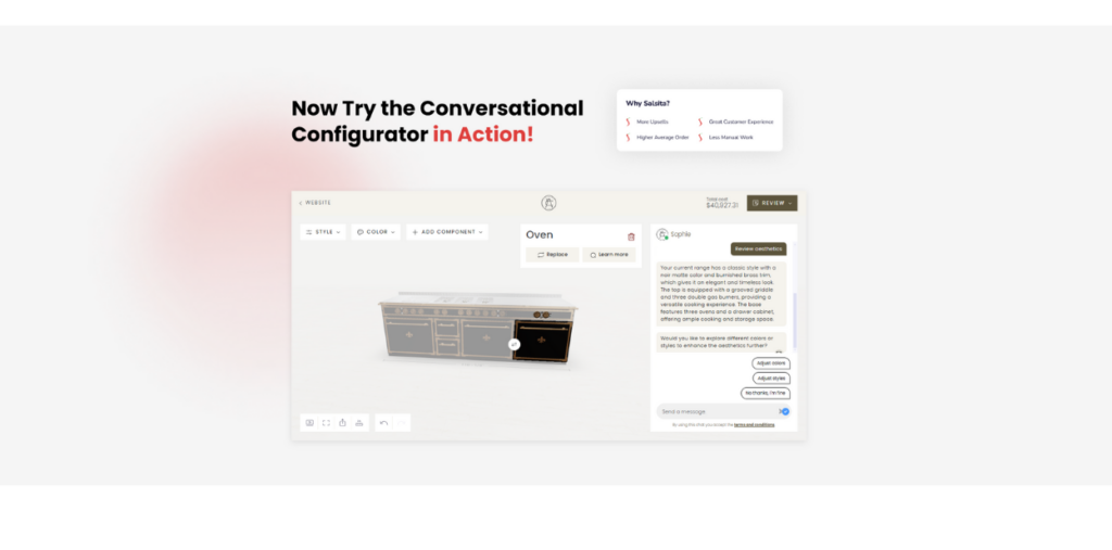 Marketing page showcasing Salsita's conversational product configurator with a luxury oven customization interface. Features an AI assistant named Sophie and benefits list including 'Great Customer Experience' and 'Less Manual Work'.