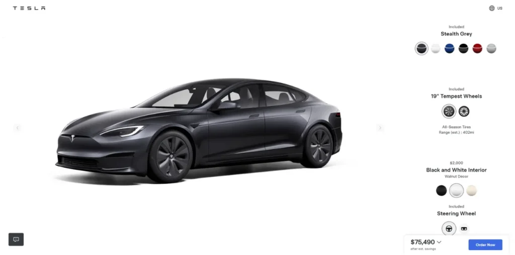 Tesla Model S vehicle configurator showing a Stealth Grey car with 19-inch Tempest Wheels. Interface displays color options, interior choices, and wheel selections with a base price of $75,490