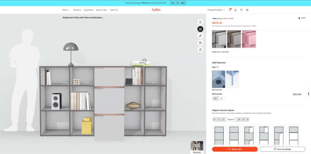 Tylko furniture configurator showing a grey modular sideboard with customizable column layouts, color options (Grey, Dark Grey, Pink), and additional features like different feet styles and back panels. Price shown as 4415 zł with a 36% winter sale discount.