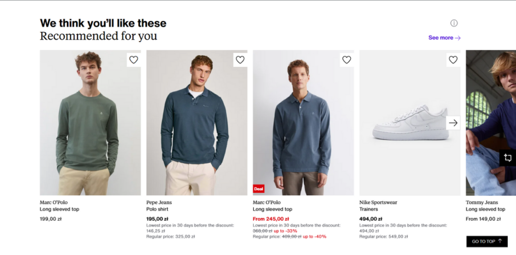 Zalando's personalized product recommendations section showing men's fashion items including Marc O'Polo tops, Pepe Jeans polo shirt, Nike trainers, and Tommy Jeans top, with prices in Polish złoty and discount information.