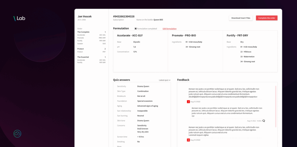This image shows a "Lab" interface for a dermatology e-commerce solution, displaying a customer's order and formulation details. It includes sections for "Formulation," "Quiz answers," and "Feedback," detailing personalized skincare product ingredients and customer input.