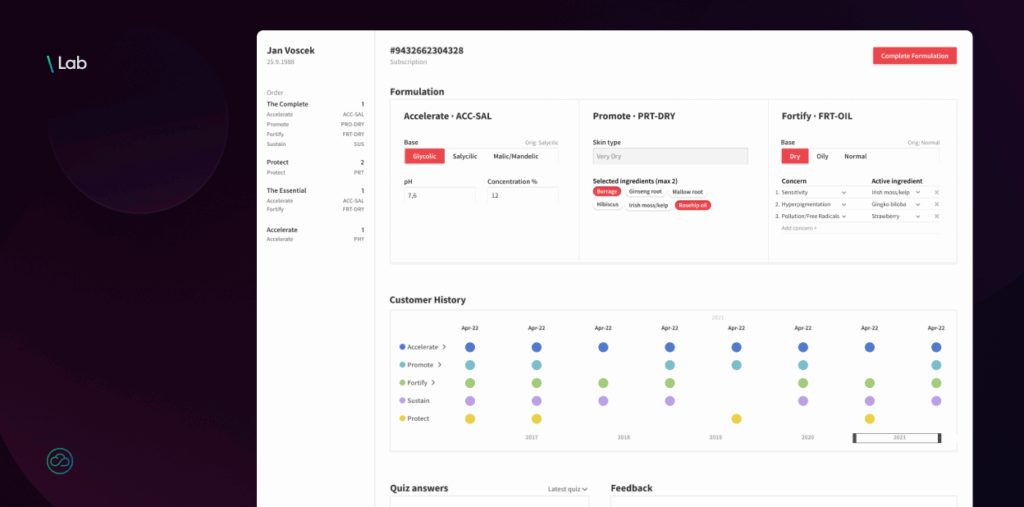This image shows a "Lab" interface for a dermatology e-commerce solution, displaying a customer's order and formulation details. It includes sections for "Formulation," "Quiz answers," and "Feedback," detailing personalized skincare product ingredients and customer input.