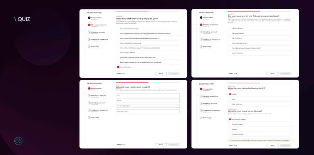 This image displays four screenshots of an online dermatology questionnaire. Each screen captures different stages of the quiz, asking for general information, medical history, physical attributes like height and weight, and biological sex.