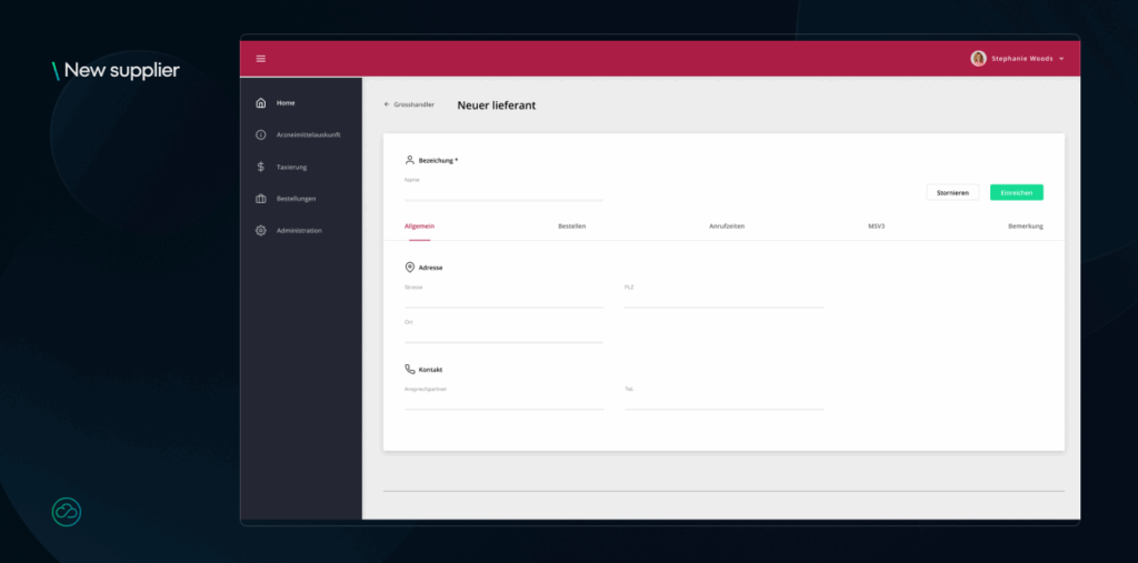 This image displays the "New supplier" creation form within the web application, currently showing the "Allgemein" (General) tab. It includes input fields for basic supplier information such as "Adresse" (Address) and "Kontakt" (Contact) details.