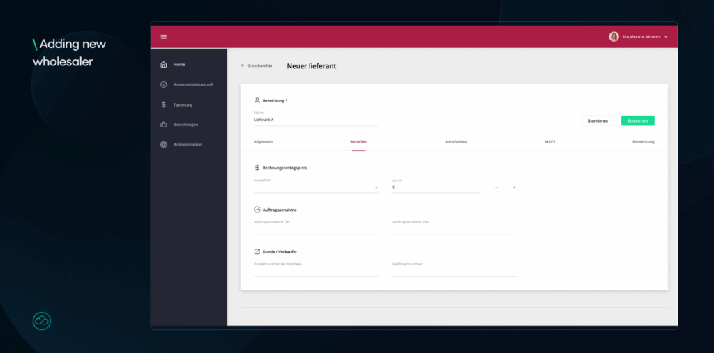 This image shows the process of "Adding new wholesaler" in the web application, specifically displaying the "Bestellung" (Order) tab. It features input fields related to order processing, such as "Rechnungsvergabepreis" (Billing price) and "Auftragsannahme" (Order acceptance).