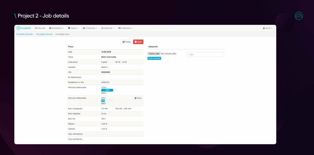This screen presents detailed information about a specific job within a work order. It displays time worked, operator name, fuel usage, and harvested quantities.