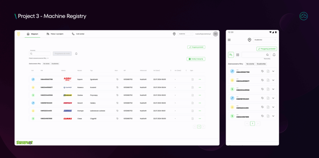 This screen displays the machine registry module in both desktop and mobile versions. It shows a list of machines with VINs, types, and brands for quick identification and management.