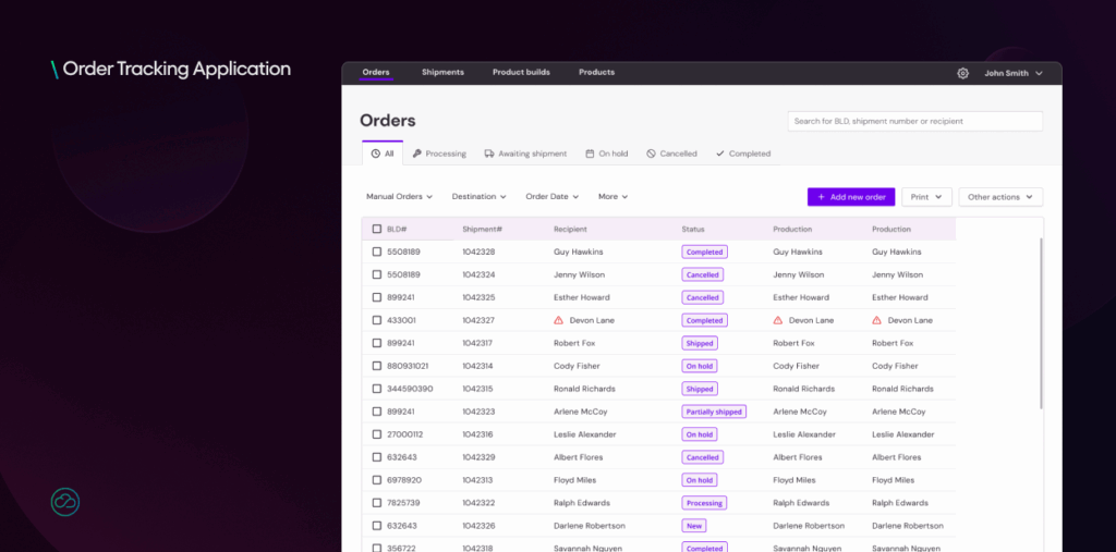 This image shows the "Orders" section of an "Order Tracking Application," displaying a comprehensive list of orders. Users can filter orders by status (e.g., "All," "Processing," "Completed") and view details such as shipment number, recipient, and current status.