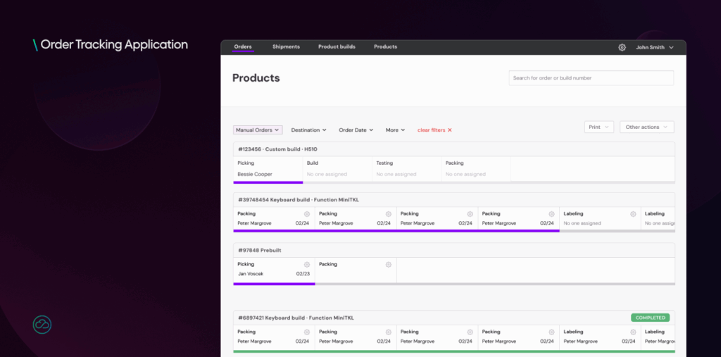 This image shows the "Products" section of the "Order Tracking Application," focusing on product build tracking. It displays several custom product builds with their associated stages like "Picking," "Build," "Testing," "Packing," and "Labeling," along with assigned personnel and dates.