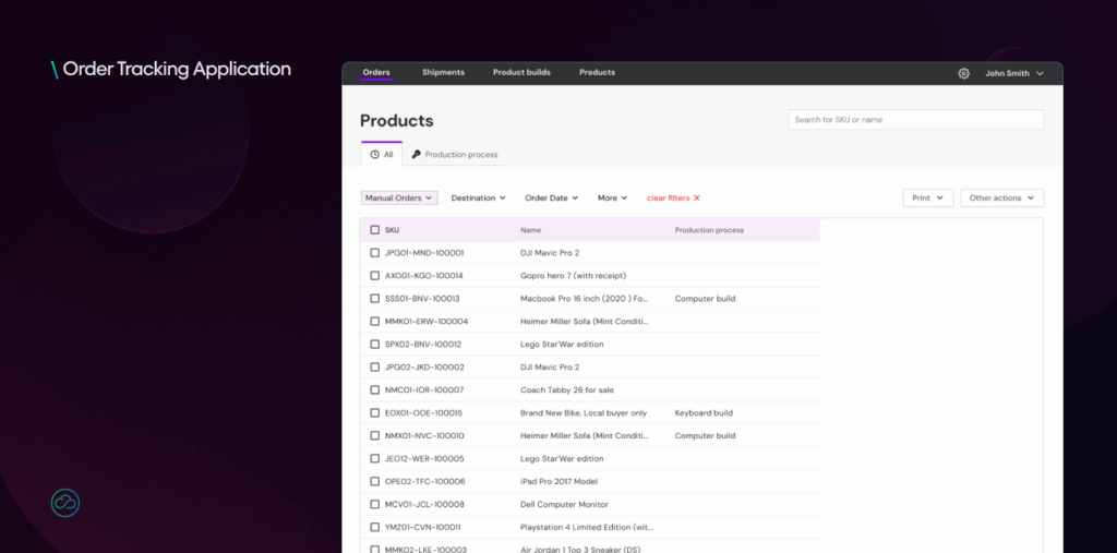 This image presents the "Products" section of an "Order Tracking Application," listing various products with their SKU, name, and production process. It provides a searchable and filterable interface for managing products within the system.