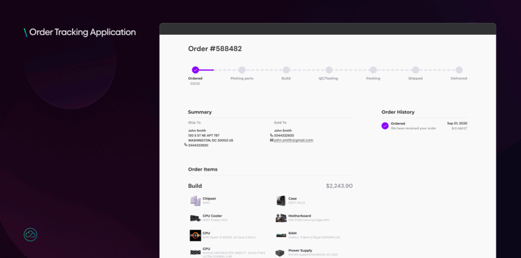 This image displays a detailed view within an "Order Tracking Application" for a specific order (#588482). It shows a progress bar for the order's journey from "Ordered" to "Delivered," along with sections for order "Summary" (ship-to and sold-to details) and "Order History," as well as a list of "Order Items" for a product build.