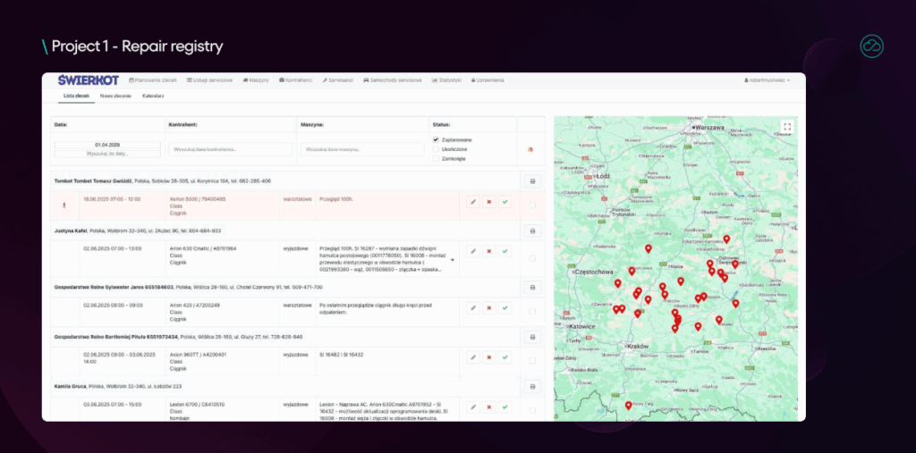 This image shows the repair registry module with a list of service tasks and a map displaying the locations of clients. It helps manage and visualise scheduled repairs across regions.