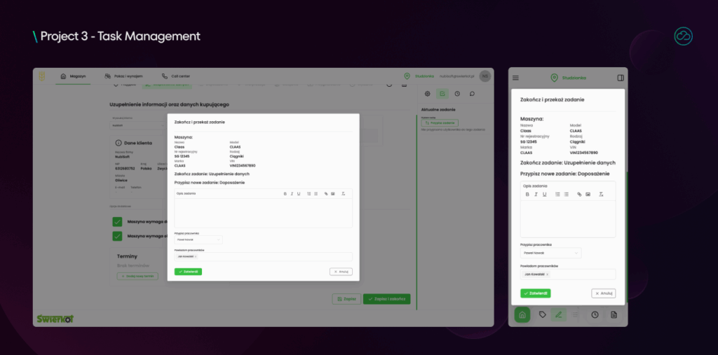 This image presents task management features of the system in desktop and mobile views. Users can complete tasks and assign new ones directly from the interface.