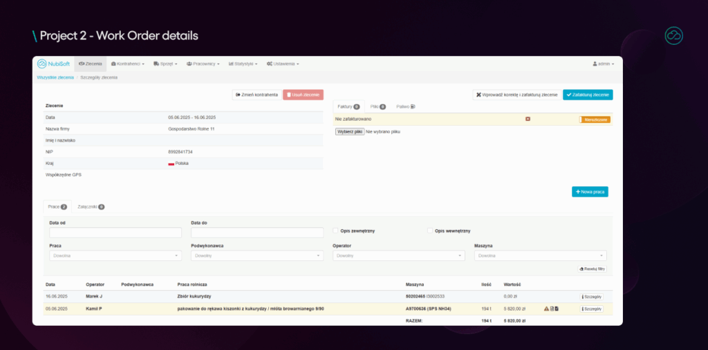This screen shows the details view of a specific work order within the agricultural services management system. It includes job breakdowns, billing data, and linked attachments