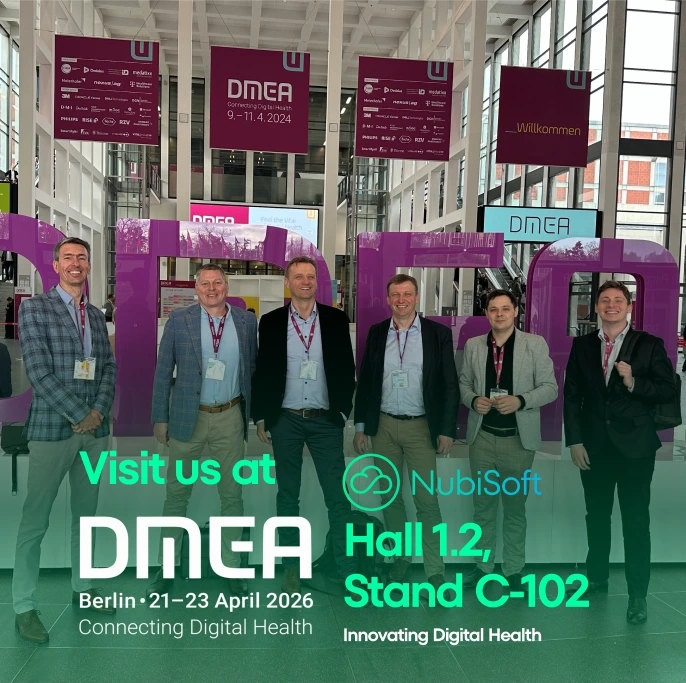 NubiSoft's team at DMEA event with information that their booth is in Halle 1.2, C-102 